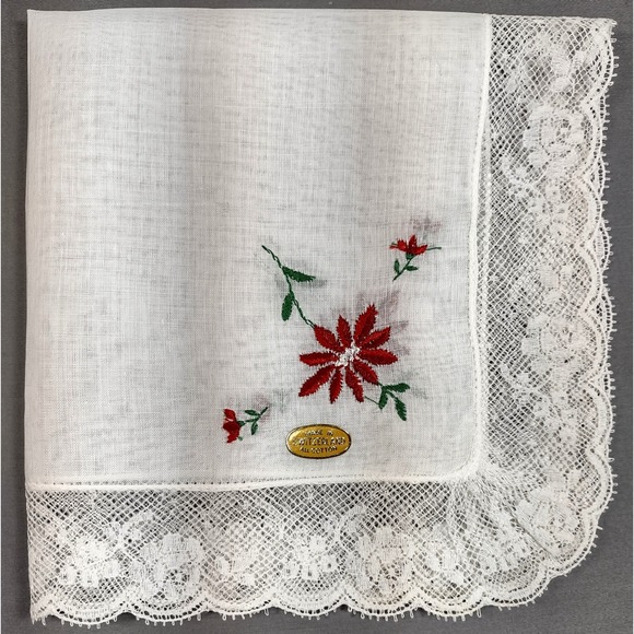 Accessories - Vtg Swiss Cotton Handkerchief Red Poinsettia Embroidery White Lace Trim 12x12
